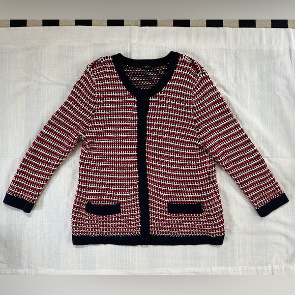 Talbots Blazer Style Cardigan Jacket Sweater Sz M-L Red Blue White Classic - Picture 2 of 14